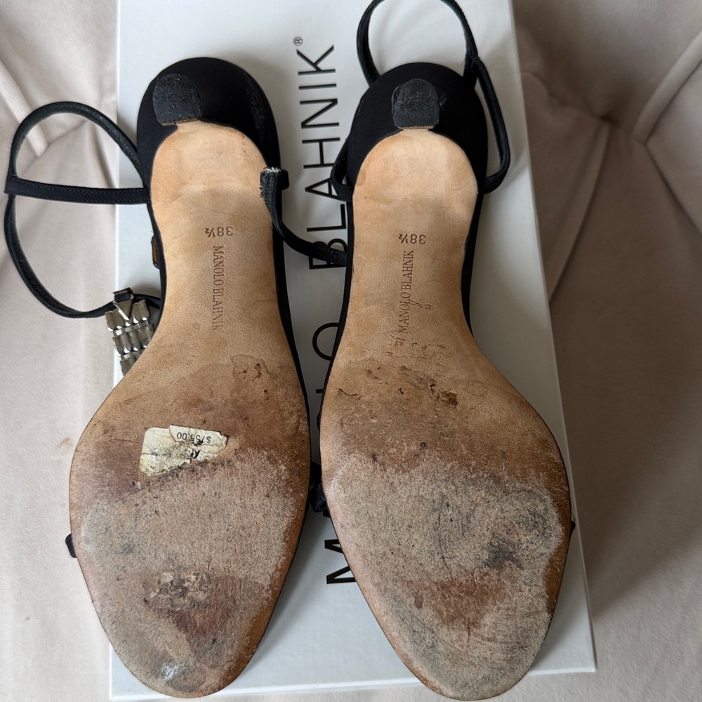 MANOLO BLAHNIK Vintage Black Crystal-Column T-Strap Sandal Size 38.5 8.5 - Picture 7 of 10